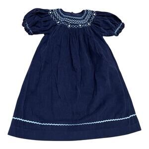 Mom & Me Size 2T Corduroy Smocked with Pearl Bishop Dress Navy Blue Cotton